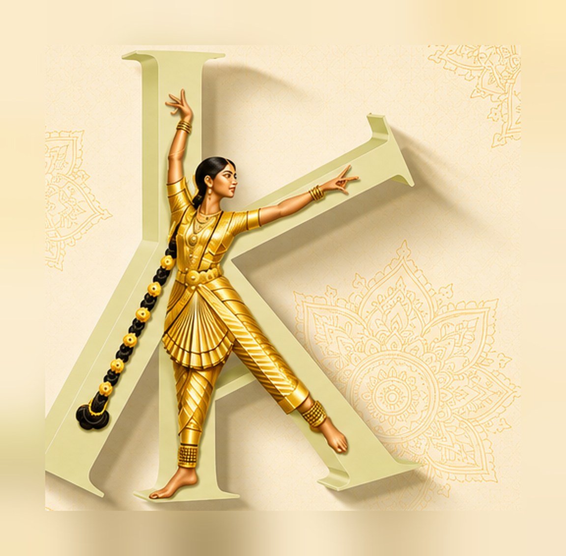 Classical Indian dancer in gold posed against the K World monogram